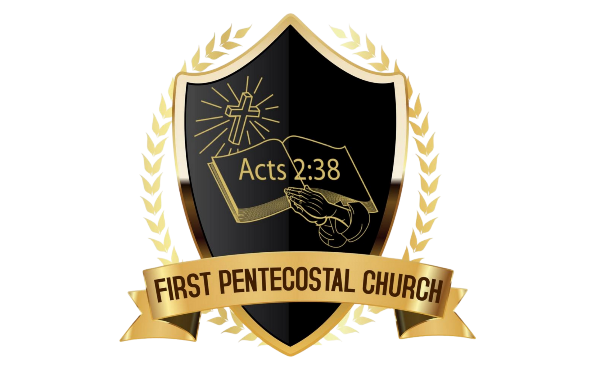 Gold and black church logo: shield with a cross, open book (Acts 2:38), hands praying, and