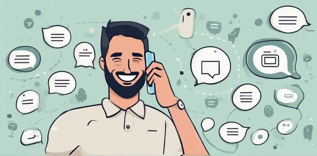 Man smiling while on a phone call, surrounded by message bubbles, on a green background.