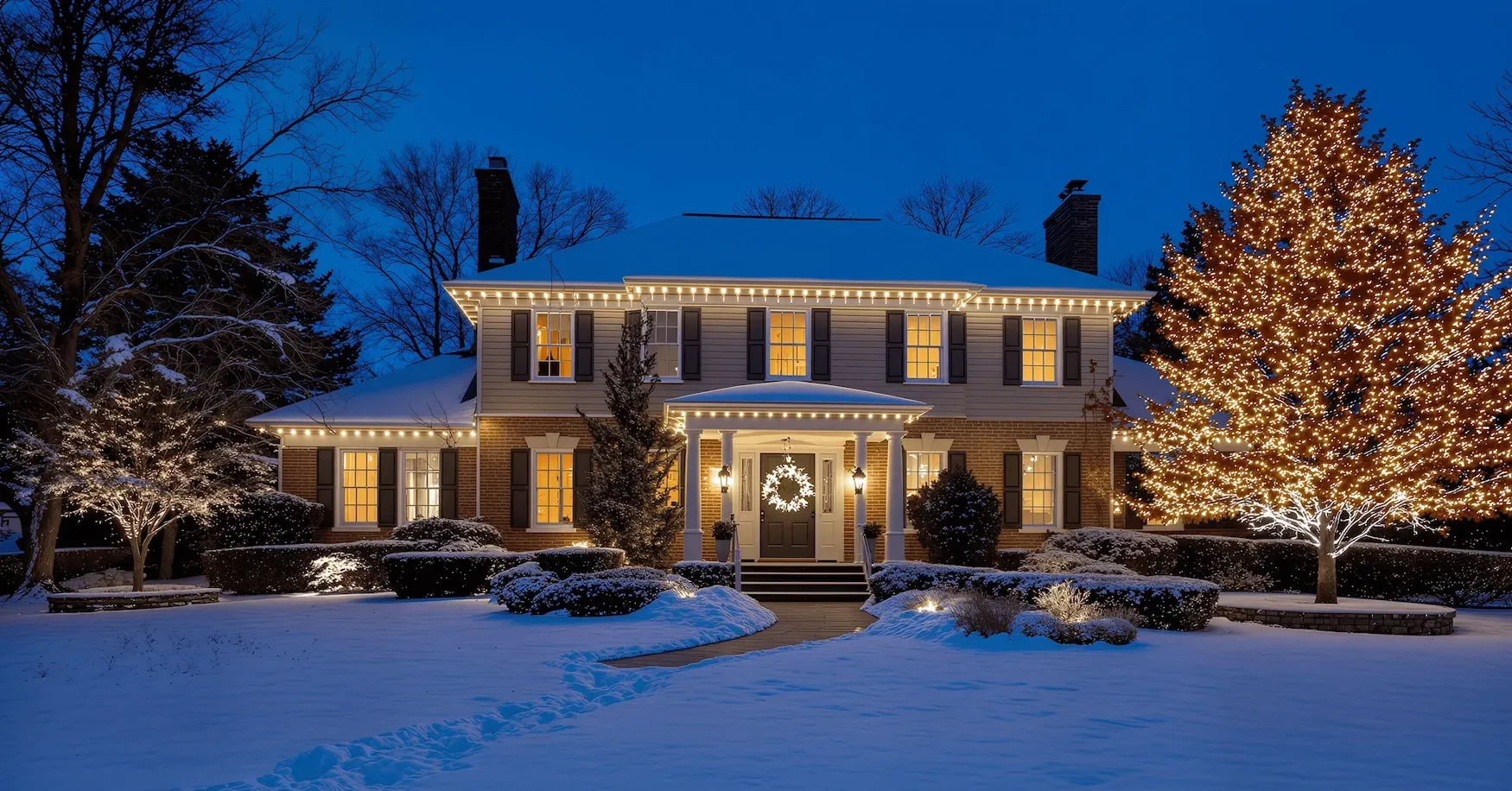 Snowy house at night with Christmas lights on the roof, trees, and shrubs.