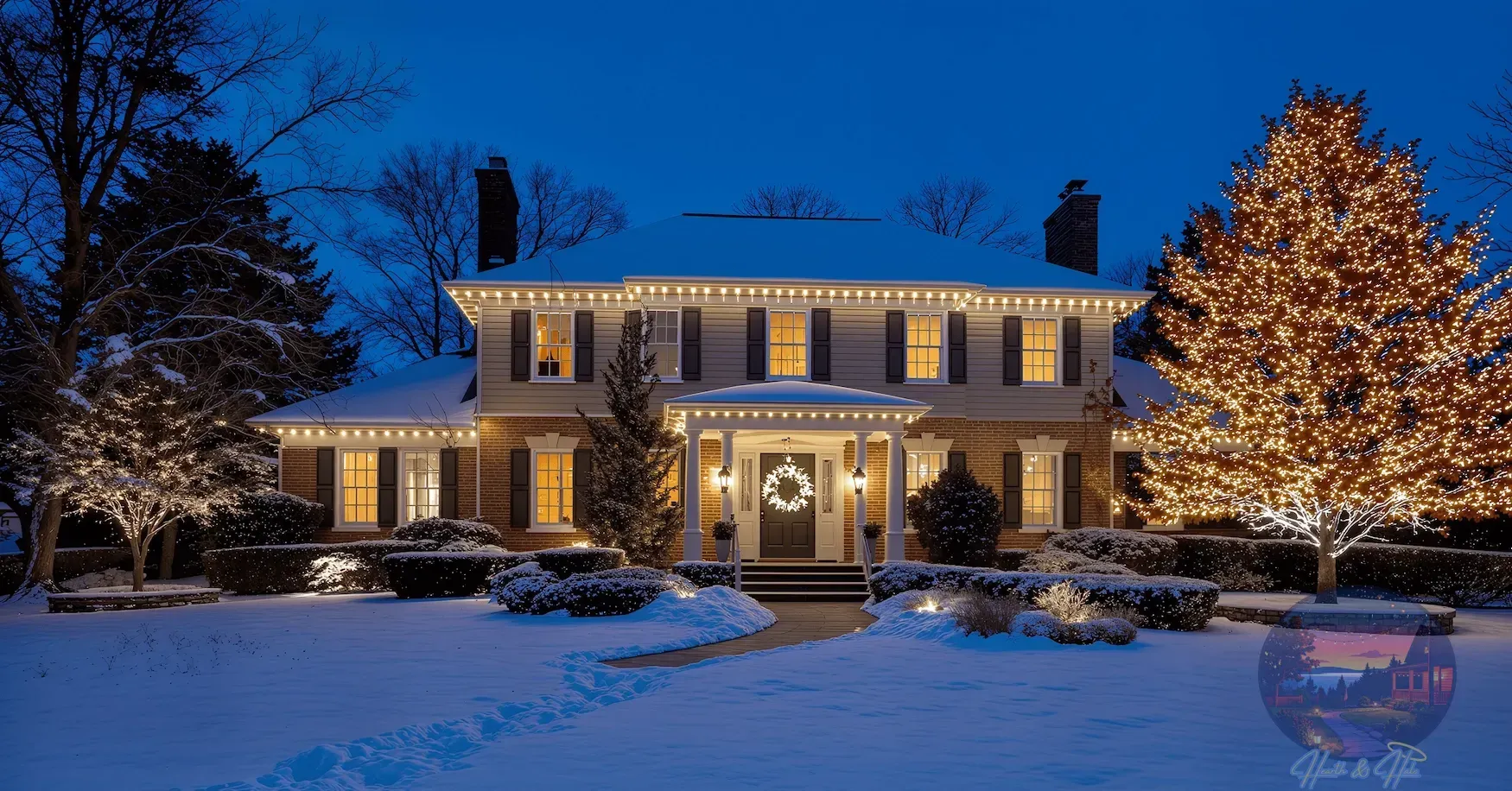 Snow-covered house at night, decorated with Christmas lights, snow on the roof and a glowing tree.