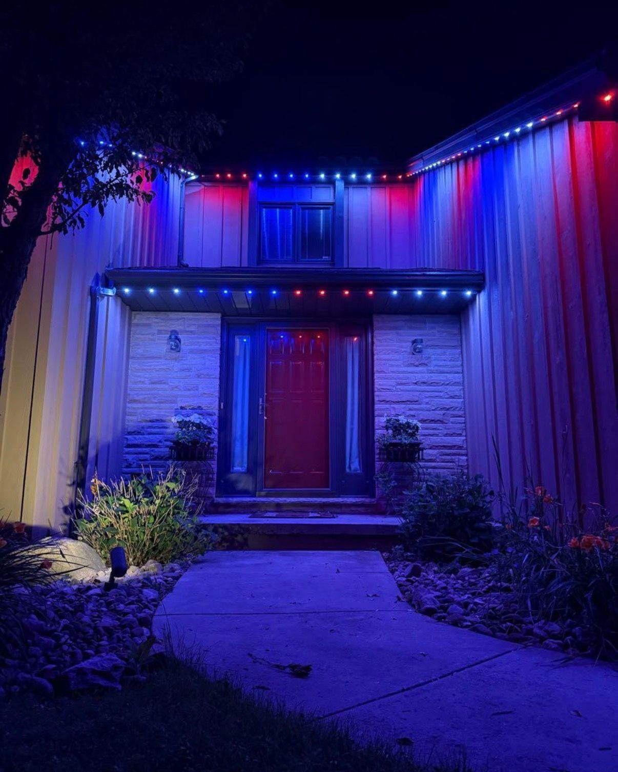 Nighttime cottage with professional warm white holiday lights along the roofline and a small front tree