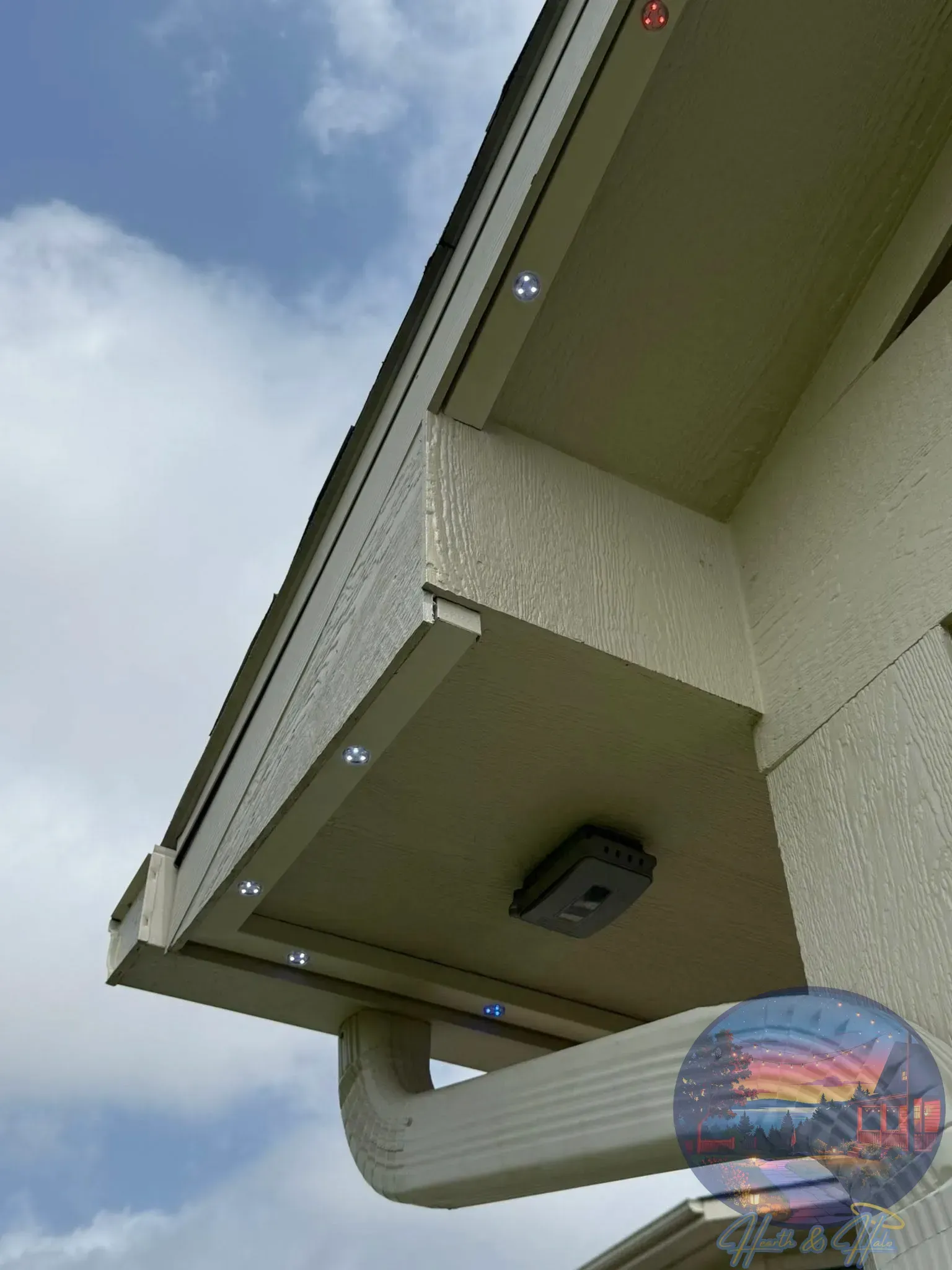 Light tan house corner with soffit lighting, white gutter, and cloudy sky.