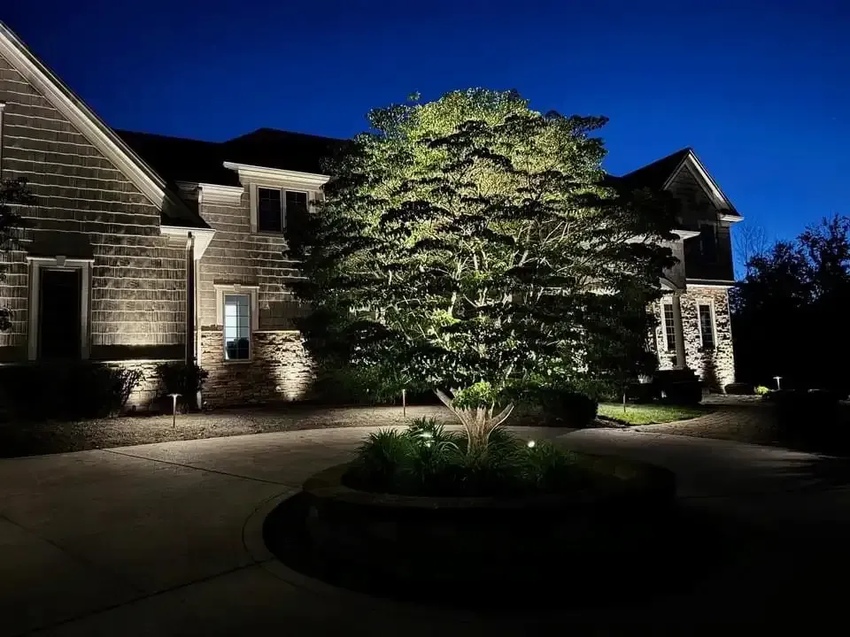A house and tree illuminated at night with landscape lighting. The sky is dark blue.