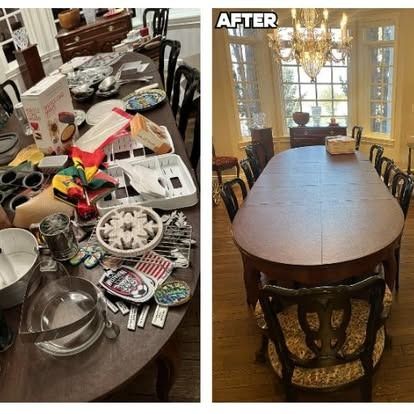 A before and after picture of a messy dining room table.