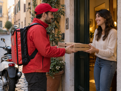 Fattorino con giacca rossa che consegna un pacco a una donna sorridente sulla soglia di casa.