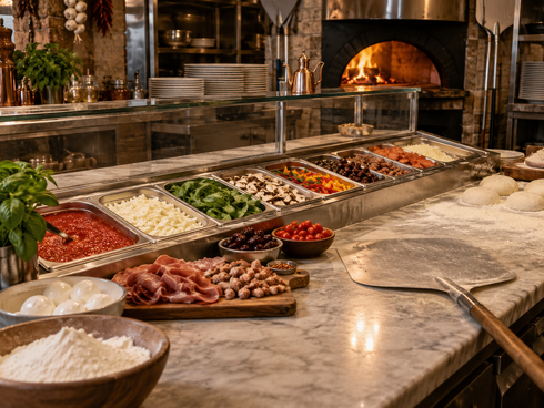 Bancone buffet con vari ingredienti per la pizza, impasto e, sullo sfondo, un forno a legna.