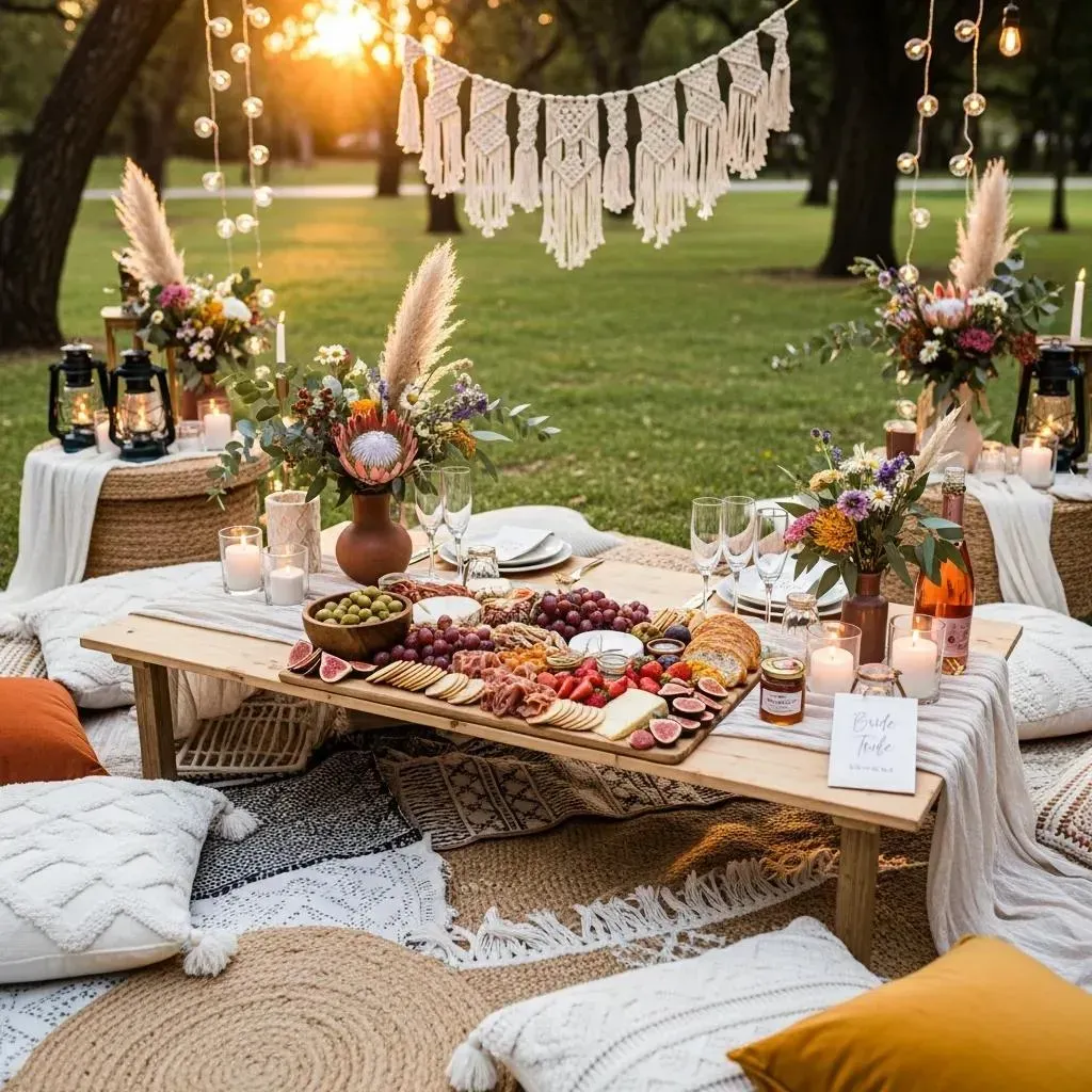 boho themed bachelorette picnic setup with woven decor and grazing board