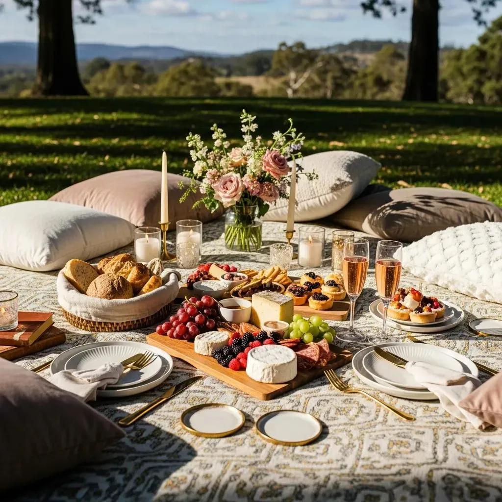 Picnic spread on a blanket with charcuterie, bread, flowers, and pillows outdoors.