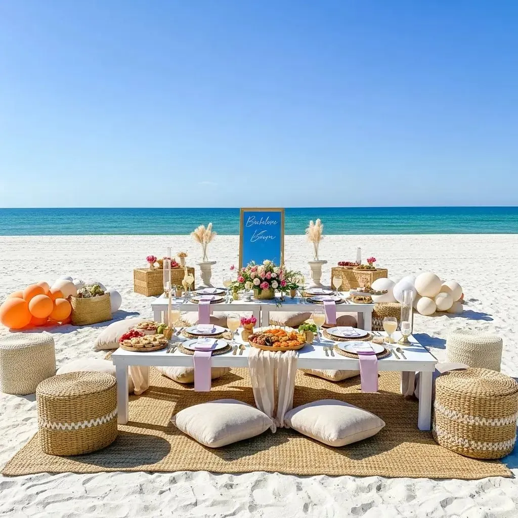 luxurious bachelorette party picnic setup on sarasota beach with elegant decor and stunning coastal