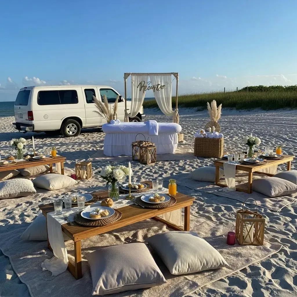 luxurious outdoor spa picnic setup in sarasota with spa treatment stations and wellness refreshments