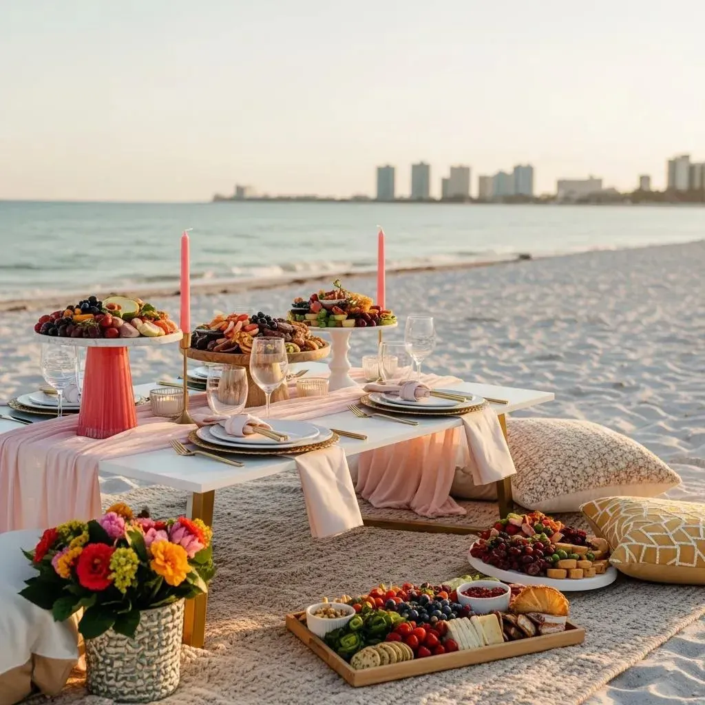luxury bachelorette picnic setup on sarasota beach with elegant decor and fresh food