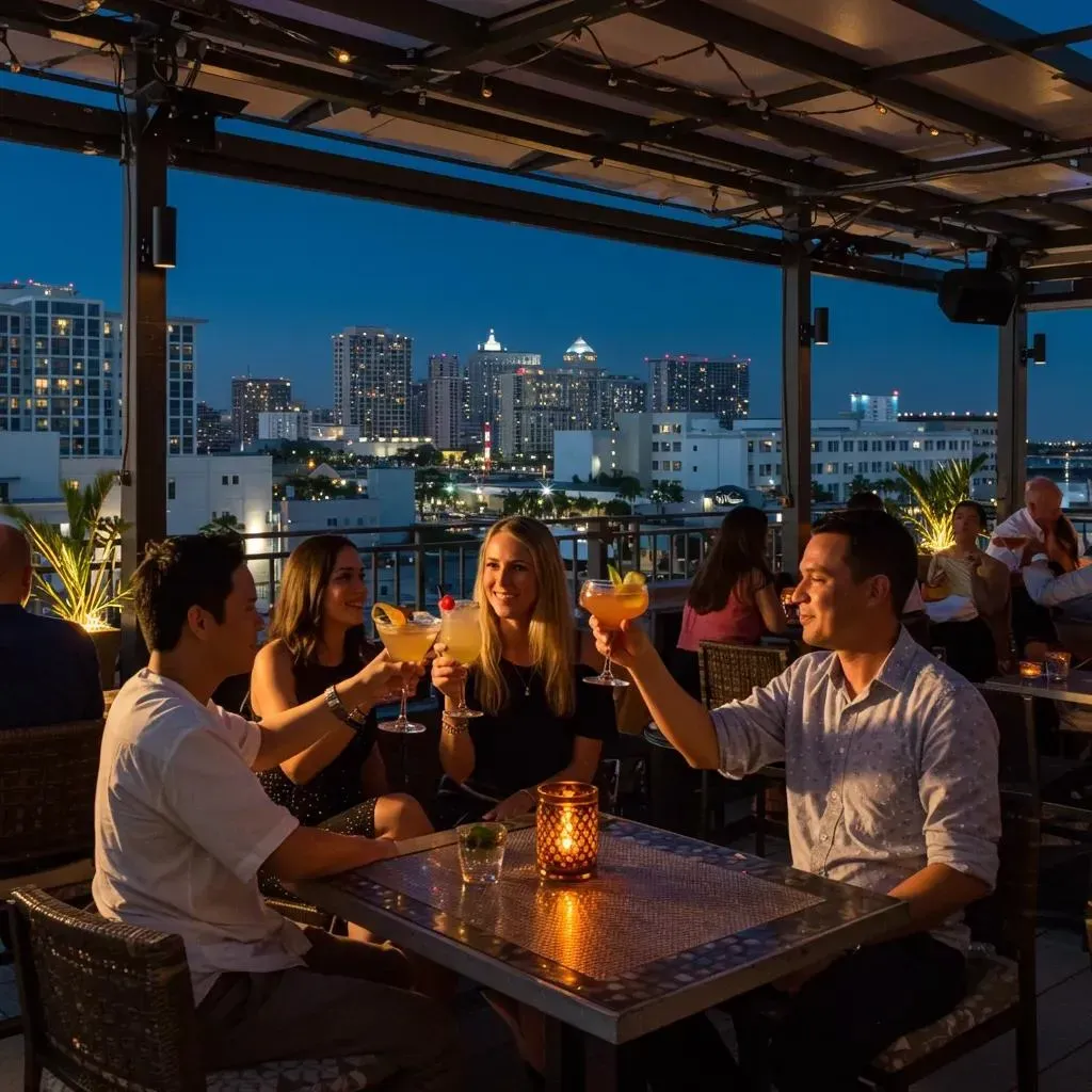 rooftop cocktail bar in sarasota with skyline views and celebratory atmosphere