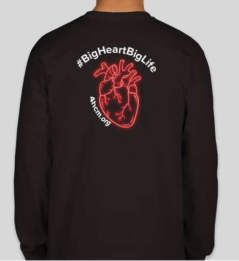 Picture of a black, long-sleeved tee shirt with a red anatomical heart, text: #BigHeartBigLife and 4hcm.org