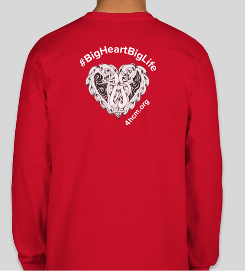 Picture of a red, long-sleeved tee shirt with a white Celtic knot heart, text: #BigHeartBigLife and 4hcm.org