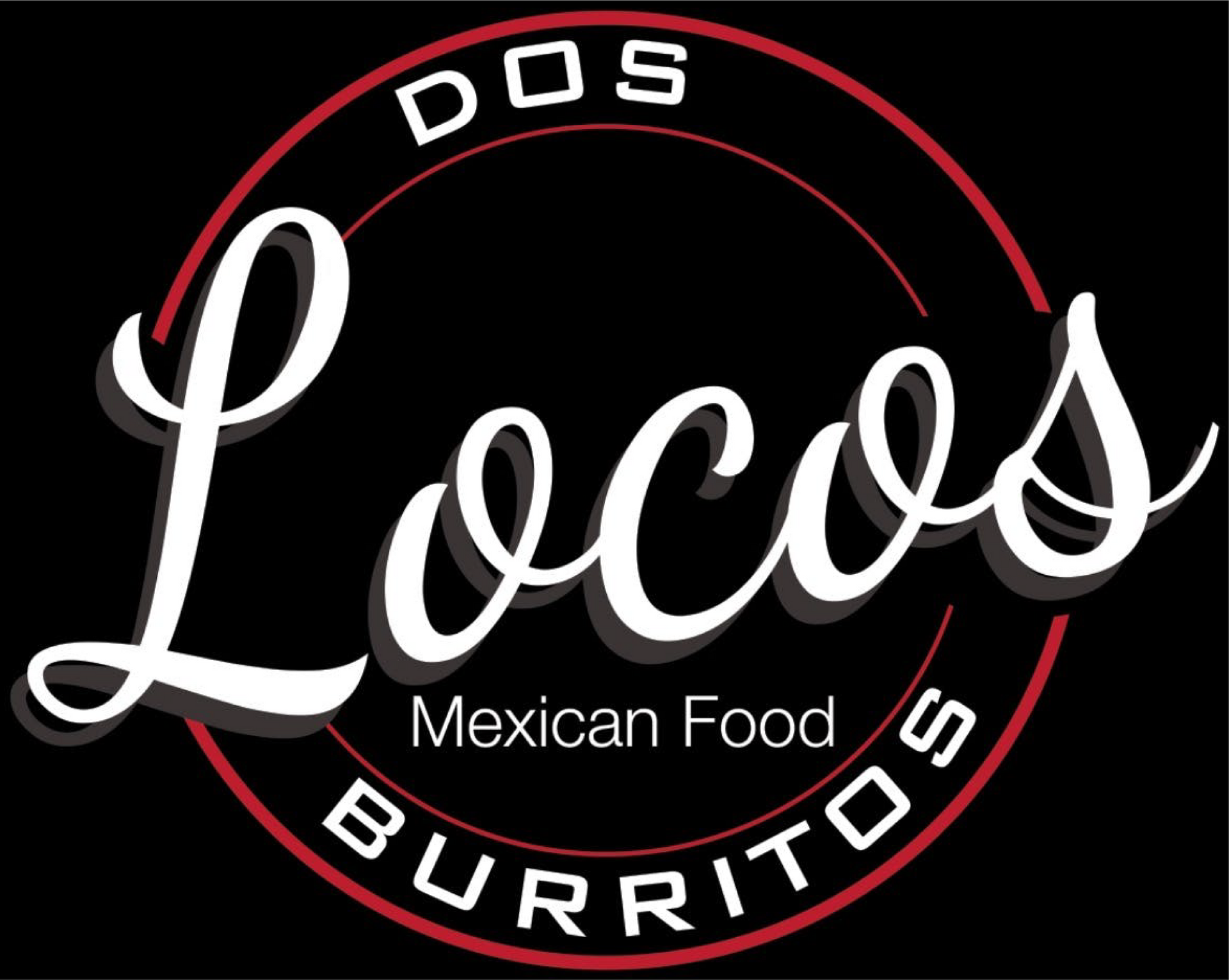 The logo for dos locos mexican food burritos is on a black background.