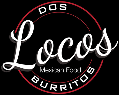 The logo for dos locos mexican food burritos is on a black background.