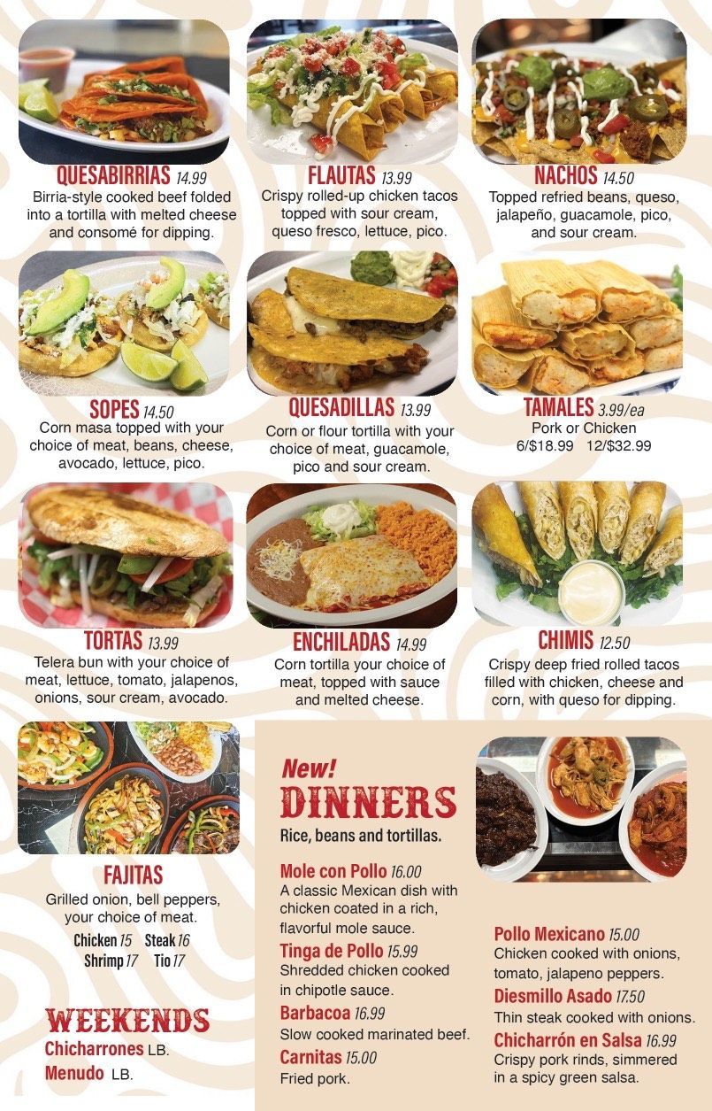 Menu of a Mexican restaurant with photos of various dishes and dinner options.