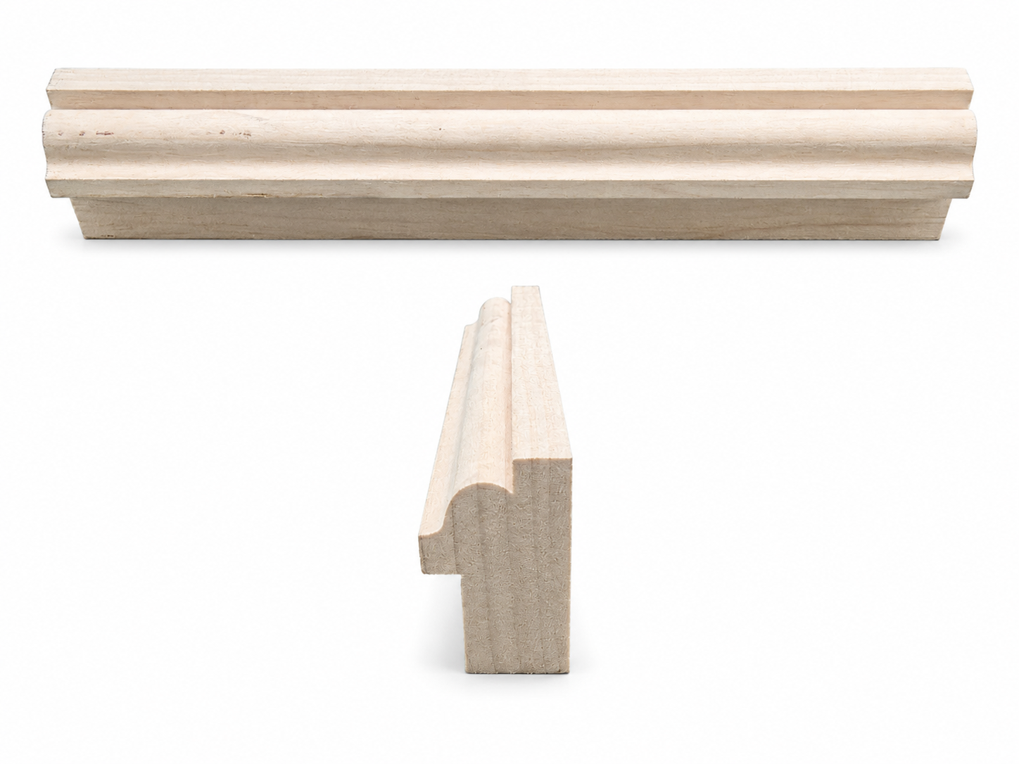 Cream-colored decorative wooden molding, shown in side and front views on a white background