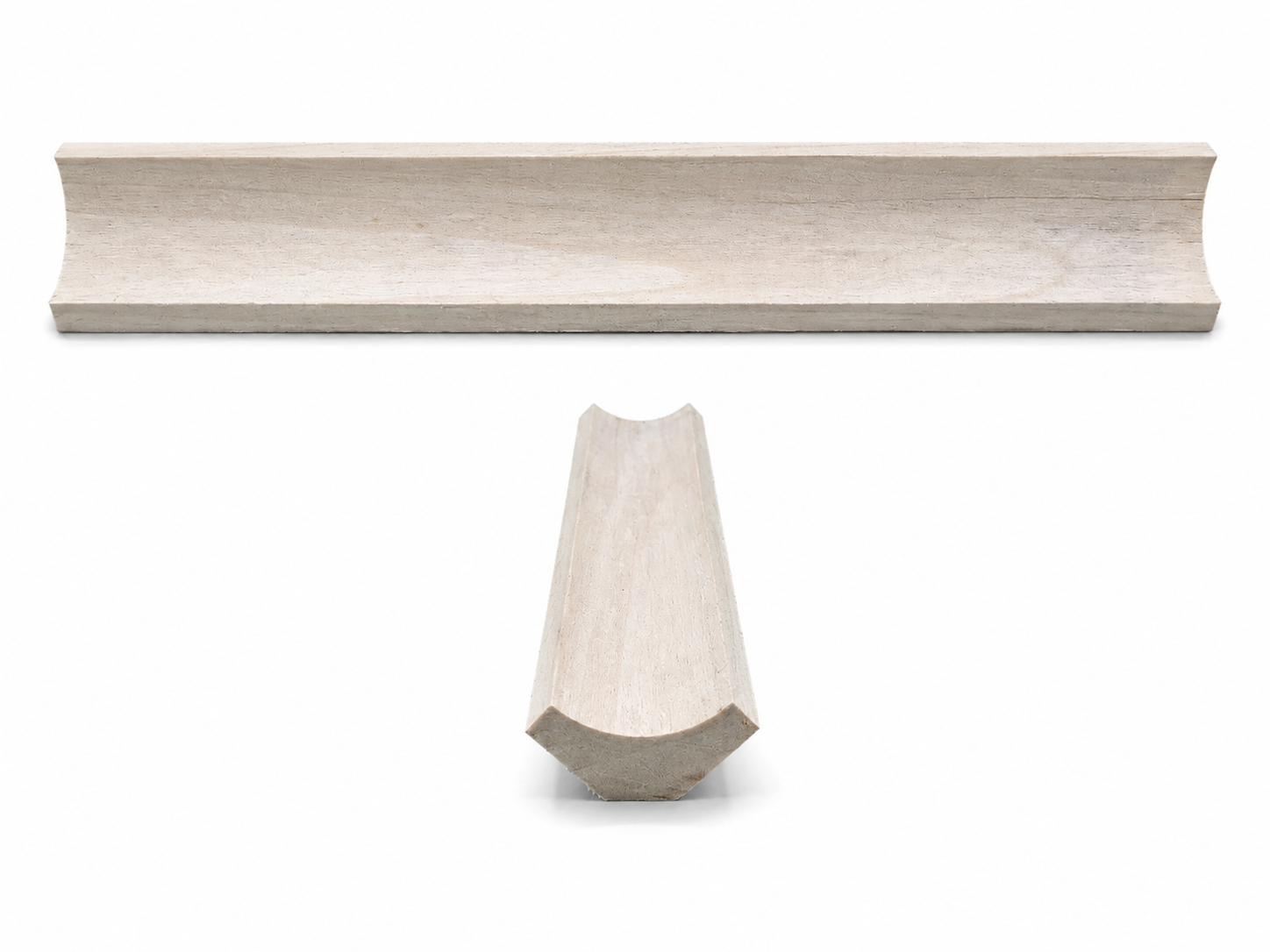 White decorative molding trim shown front and side views on a plain background