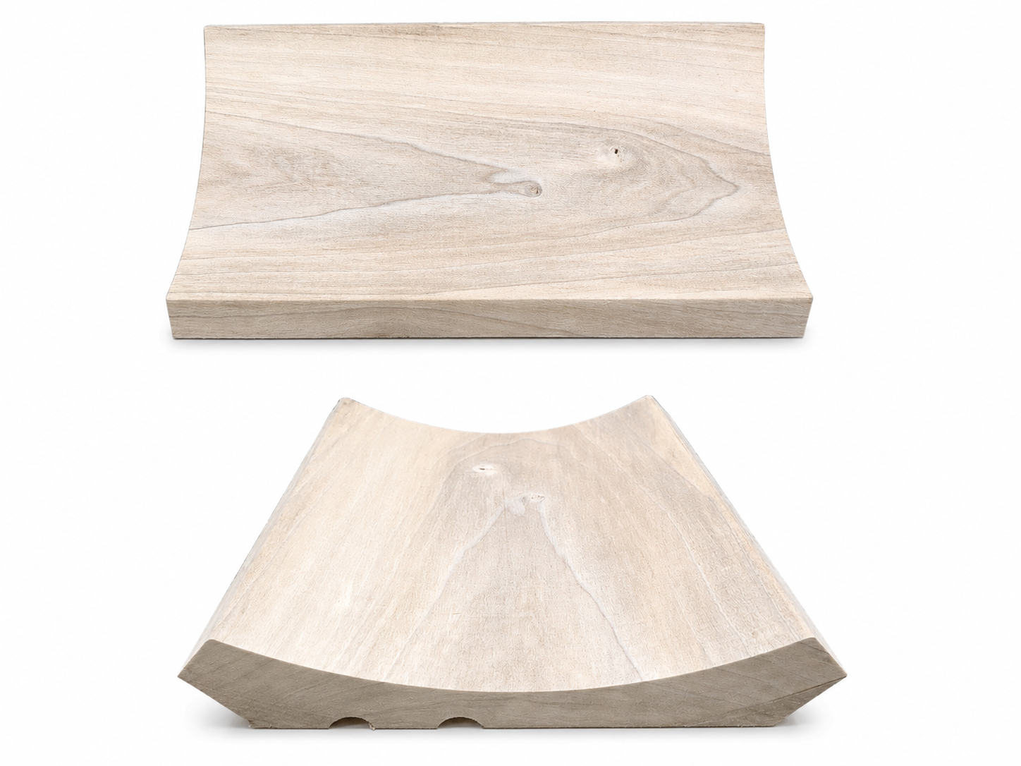 Two light wood curved shelf components, one flat and one arched with front cutouts.