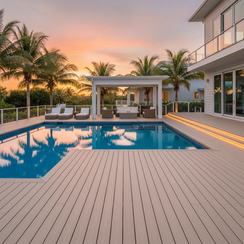 Modern luxury pool deck at sunset with palm trees, cabana seating, and a house with lit glass walls