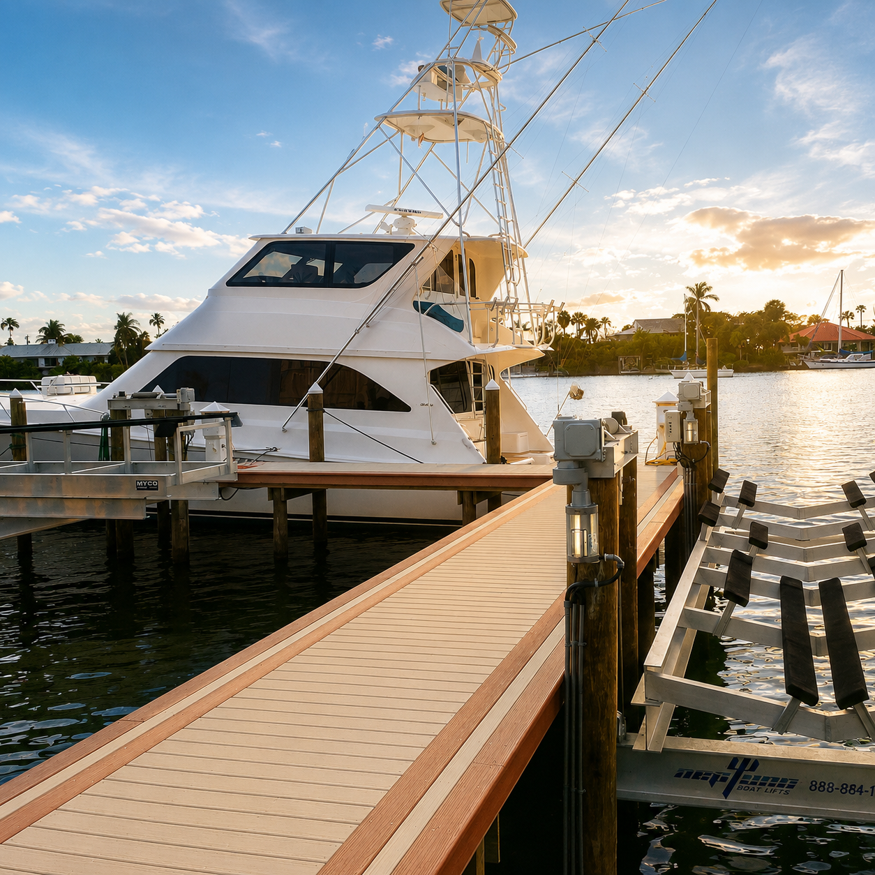 Luxury yacht docked at a marina at sunset, with a wooden gangway leading to the boat.