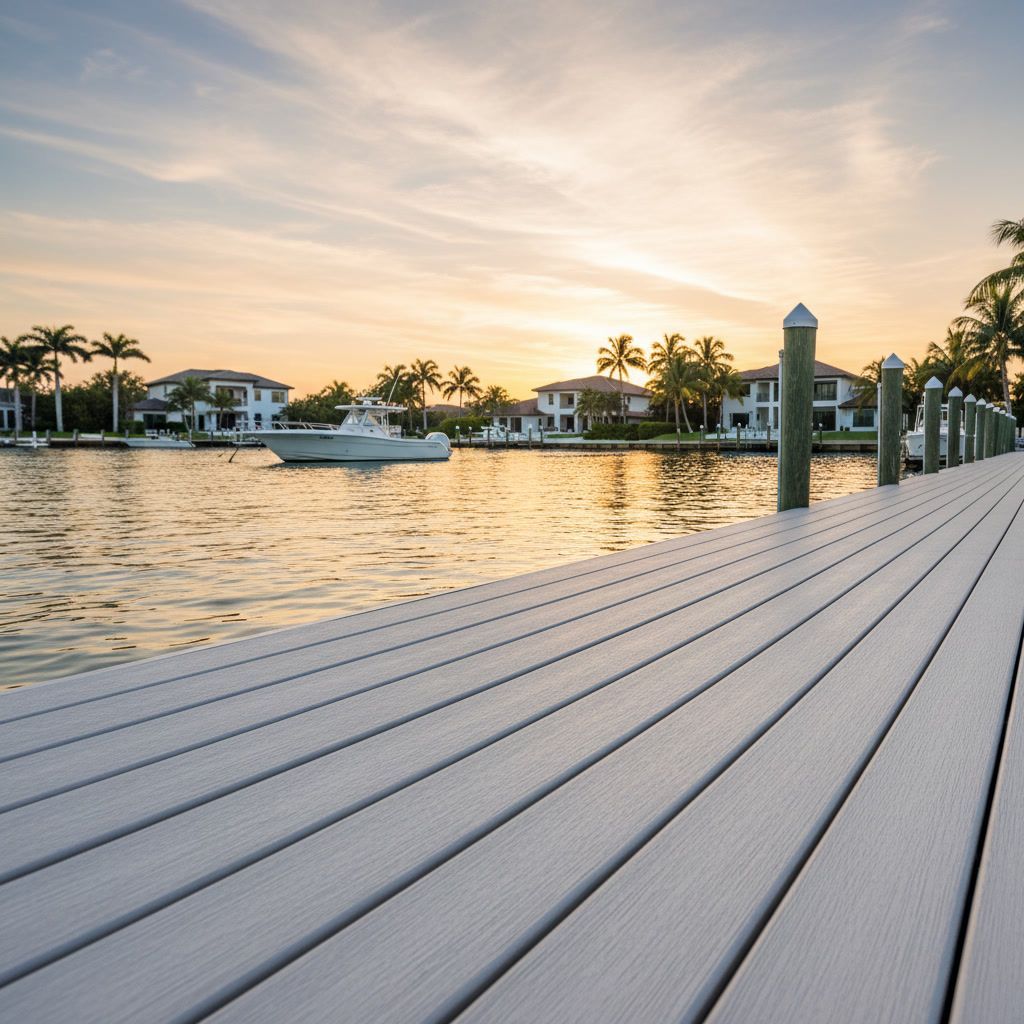 Sunset over a waterfront dock with boats, palm trees, and homes across the water