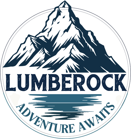 Lumberock logo with mountain, water reflection, and “Adventure Awaits” text in navy blue
