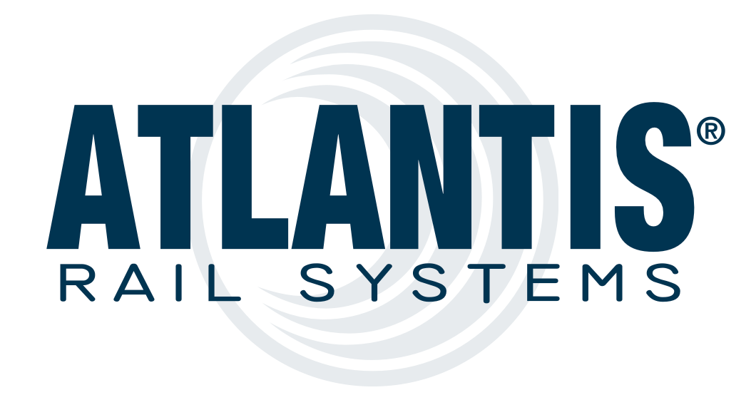 Atlantis Rail Systems logo in dark blue with gray circular wave design