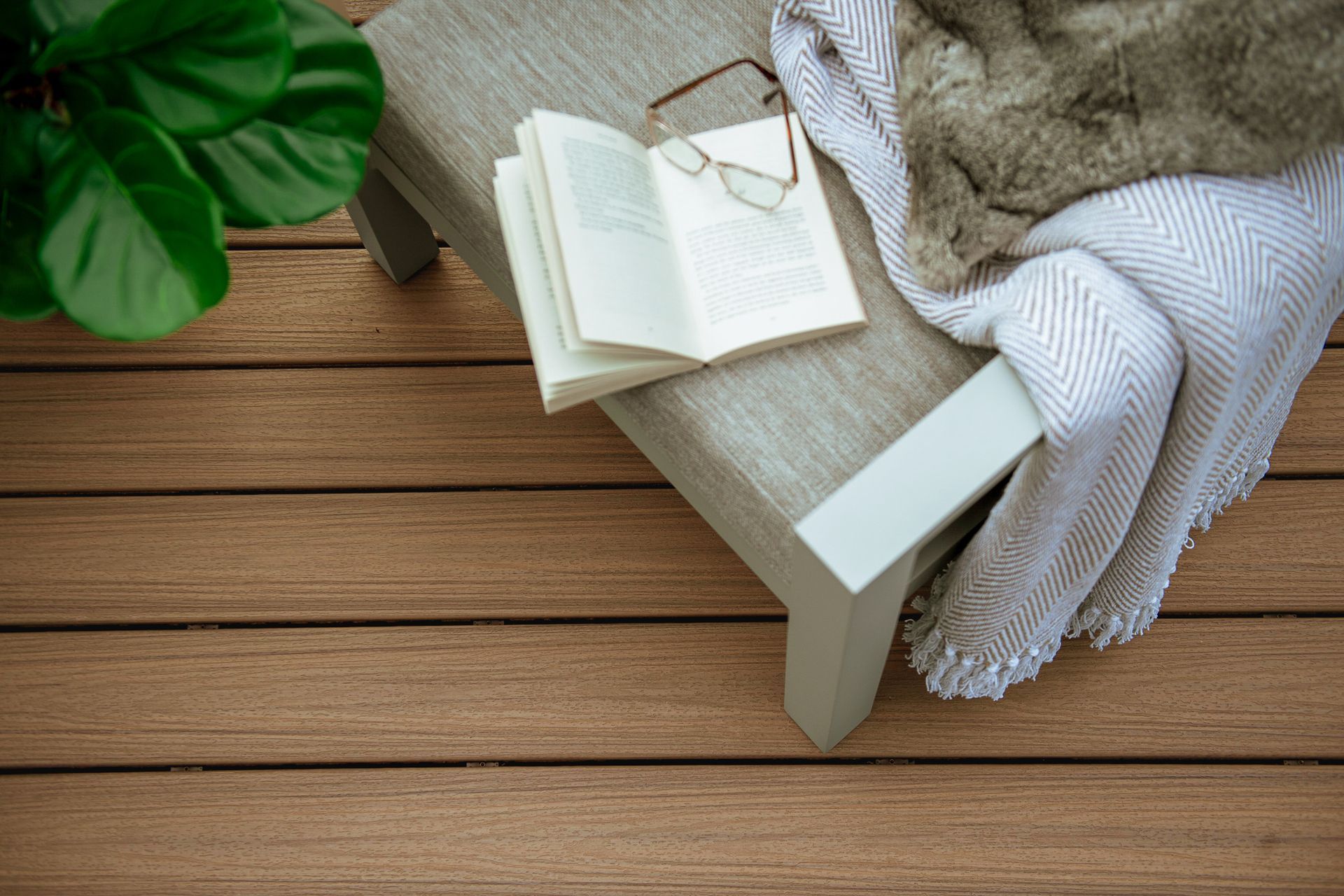 Open book with glasses on a blanket-covered chair beside a green plant on a wooden floor