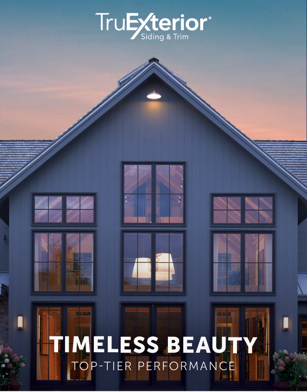 Modern gray house exterior at dusk with warm lights and “Timeless Beauty” TruExterior siding ad text