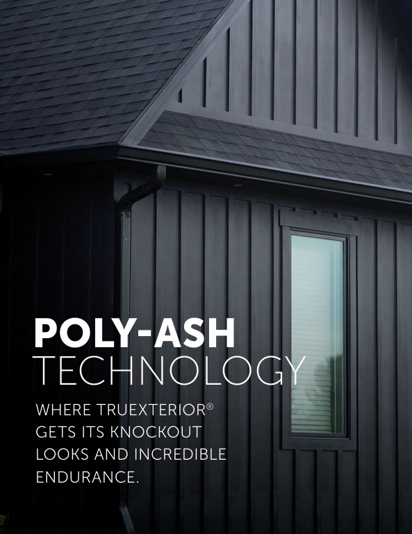 Dark gray house siding with text: “POLY-ASH TECHNOLOGY” and smaller marketing copy.