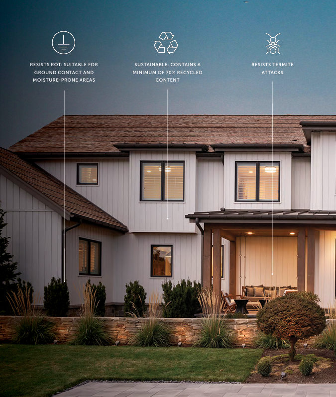 Two-story suburban house with lit windows, front porch, and lawn at dusk