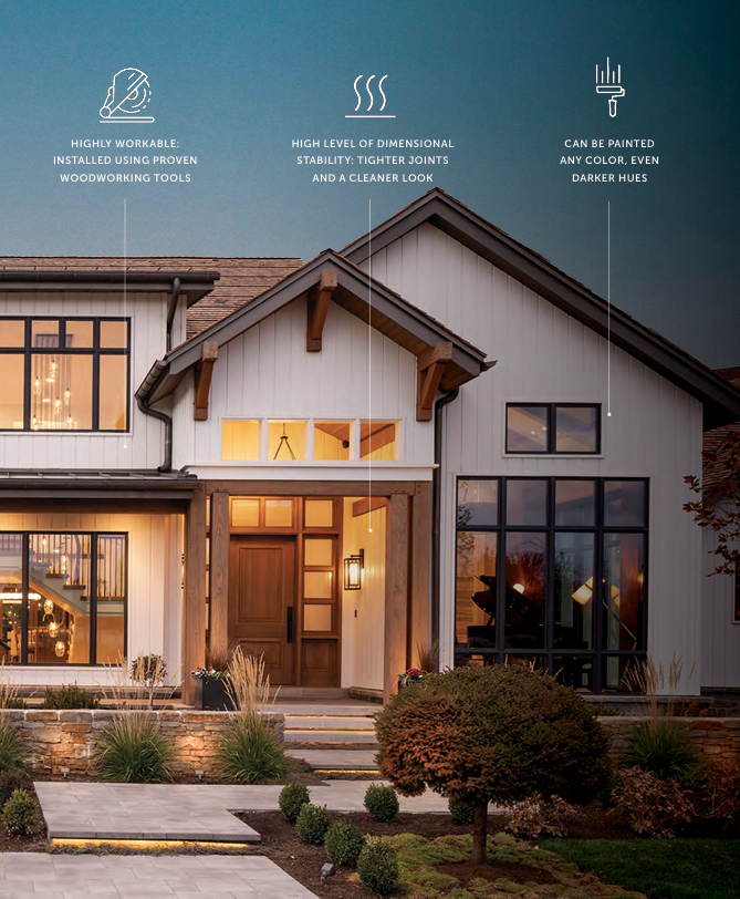 Modern two-story house exterior at dusk with warm lights and landscaped front yard