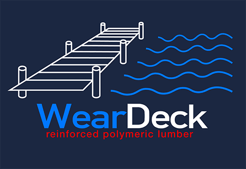 WearDeck logo with white dock illustration, blue wave lines, and red subtitle on dark background