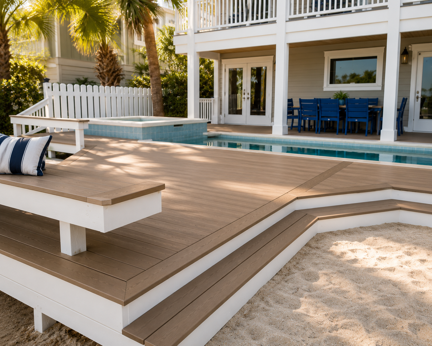 Beachfront patio deck with white railings, turquoise hot tub, and lounge seating beside a house
