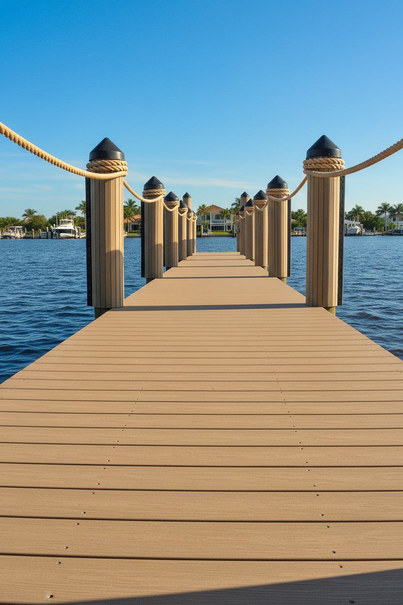 Wooden dock extending over calm blue water under a clear sky, with rope-lined posts leading into the distance