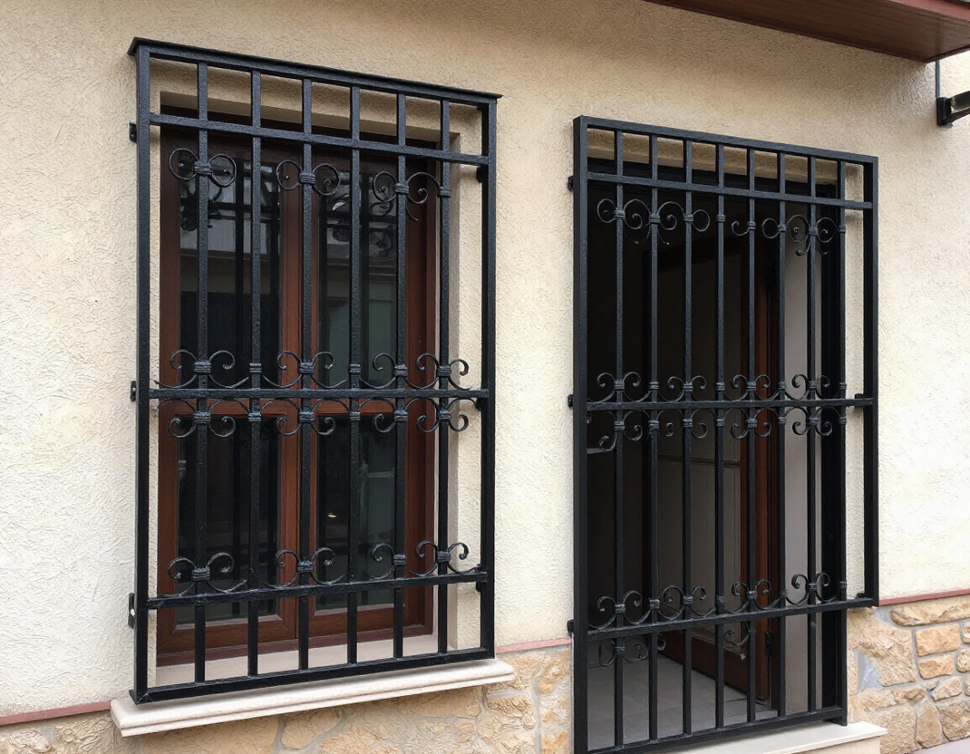 Grate di sicurezza in ferro su misura installate su una facciata residenziale elegante.
