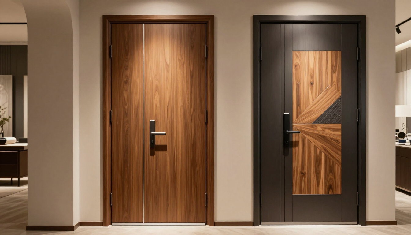 Corridoio moderno con due porte in legno, una marrone scuro e una grigia con pannelli intarsiati in legno.