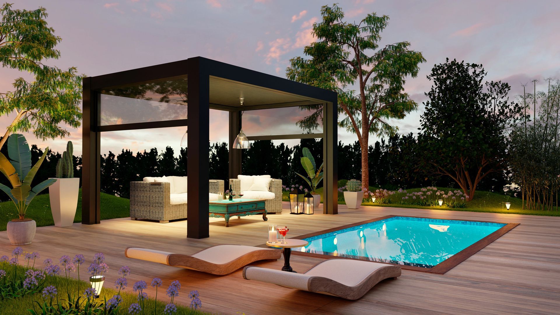 Patio moderno con pergolato, piscina e terrazza in legno da ammirare al tramonto.