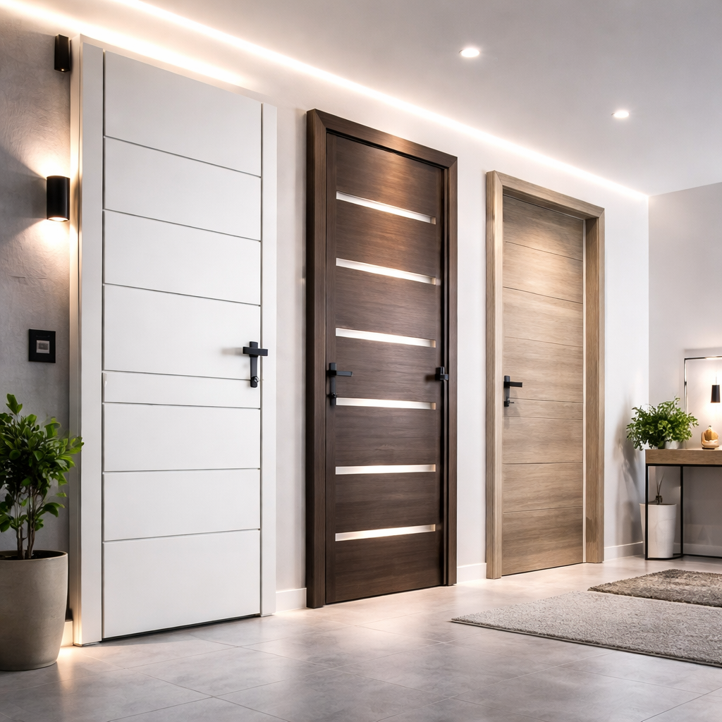 Porta interna elegante con finitura legno e dettagli metallici in un ambiente moderno e luminoso.