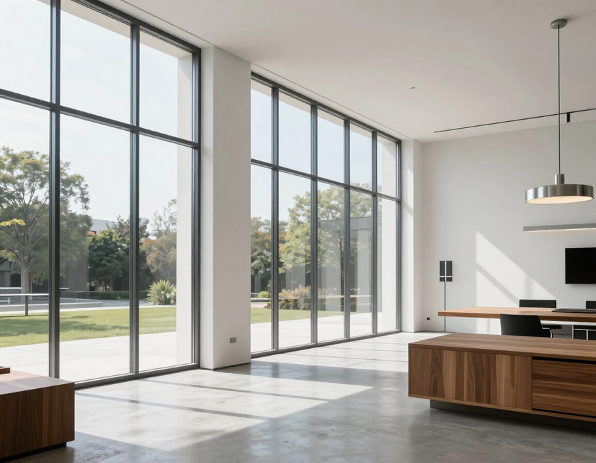 Soggiorno moderno e minimalista con finestre a tutta altezza