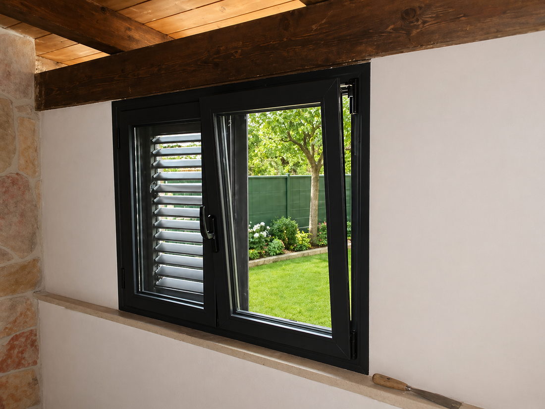 Finestra con cornice nera in una stanza, che si affaccia su un giardino verde e una recinzione.