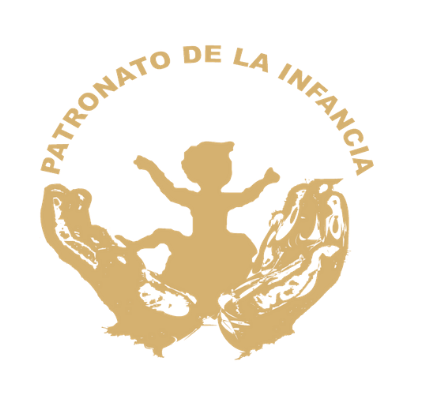 Logotipo dorado: silueta de un niño en manos protectoras, texto arqueado