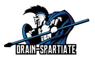 Un logo de guerrier spartiate bleu et blanc avec le texte « Drain Spartiate ».