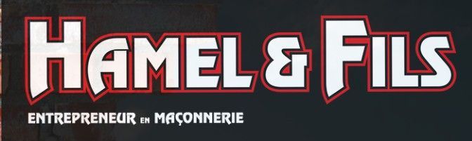 Logo pour Hamel & Fils, entrepreneur en maçonnerie. Texte blanc à contours rouges sur fond noir. Comprend « ENTREPRENEUR EN MAÇONNERIE ».