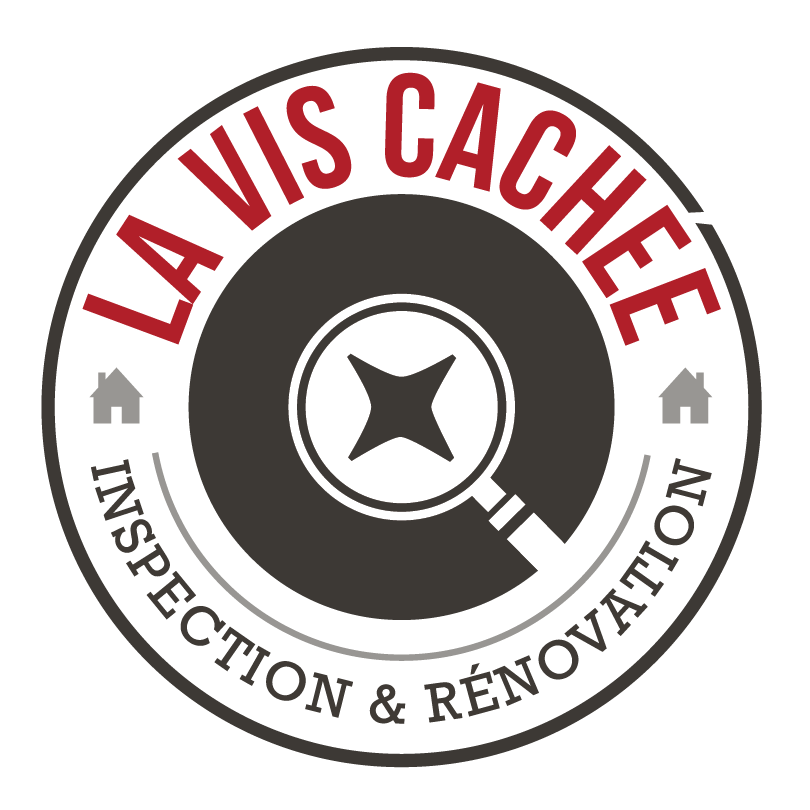 Logo pour « La Vis Cachée » avec du texte, un dessin de vis et une loupe.