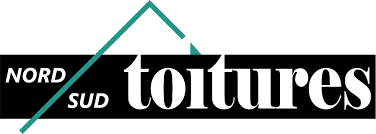 Logo pour « Nord Sud Toitures » avec texte sur rectangle noir et forme de toit turquoise.