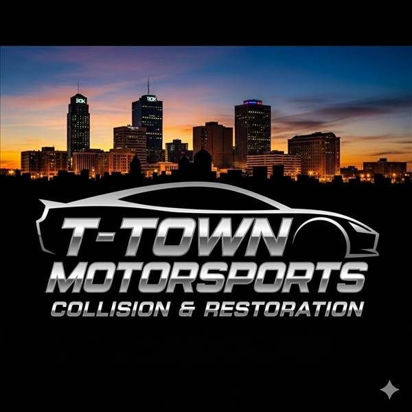 Logo for T-Town Motorsports. Silver car outline over text and city skyline at sunset. Black background.