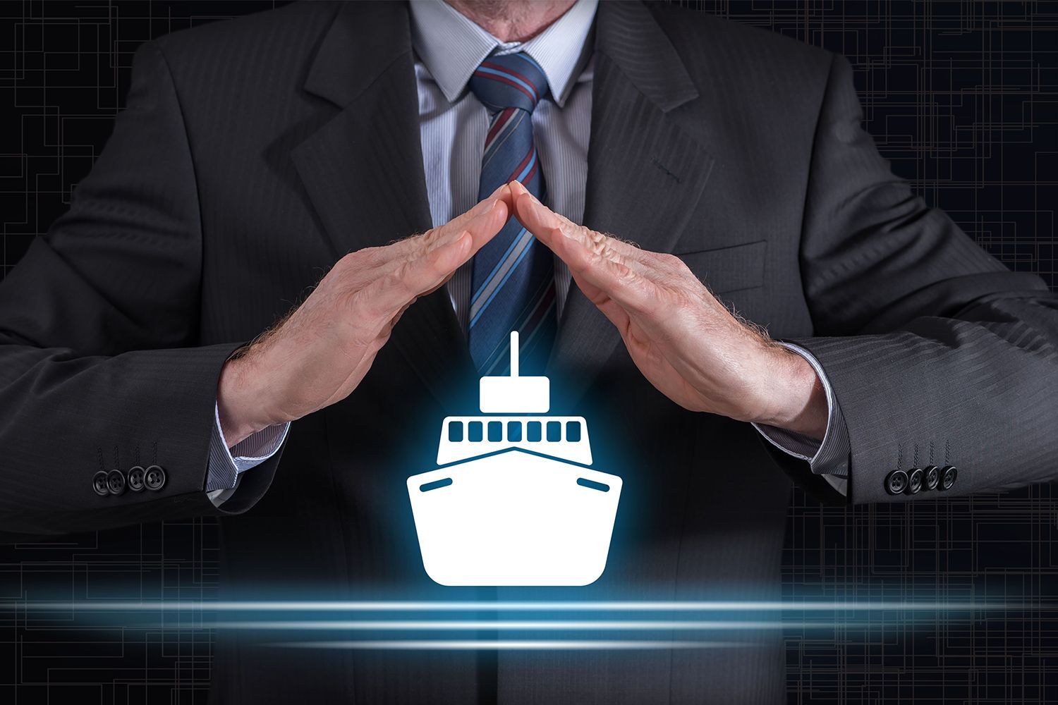 Man in suit protecting a boat icon with hands, symbolizing insurance or protection.